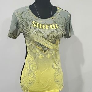 Sinful yellow/gray/black shirt with lace back